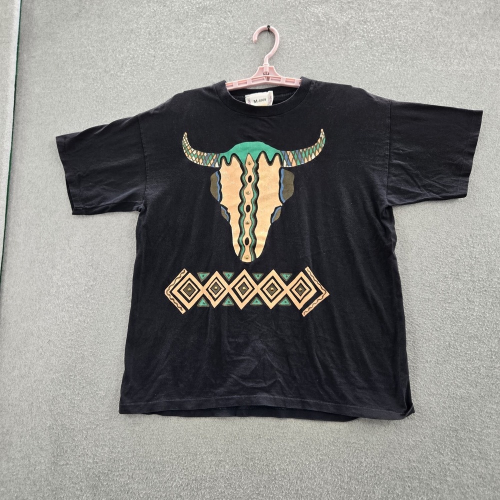 VINTAGE Bull Head Women Shirt M Black Geometric Aztec Western Made In USA 90s
